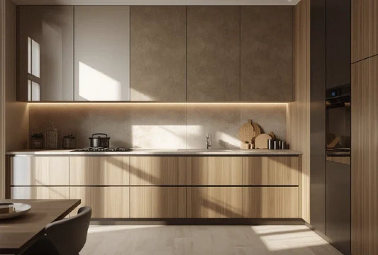 How do modular kitchen cabinet materials guide your choice of glossy, matte or textured finishes?